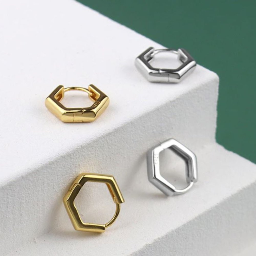 925 Sterling Silver Hexagon Huggie Earrings